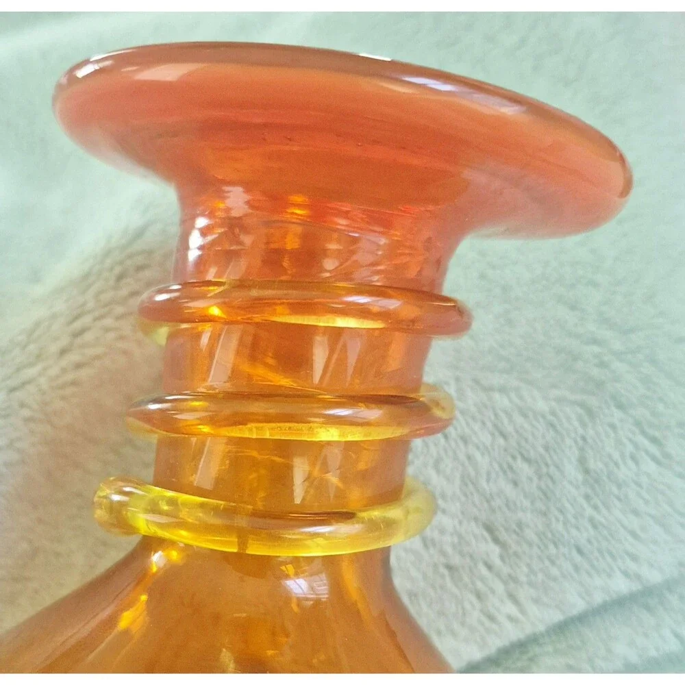 Vintage MCM Rainbow Art Glass Tangerine Amberina Optic Ribbed Vase Applied Coil
